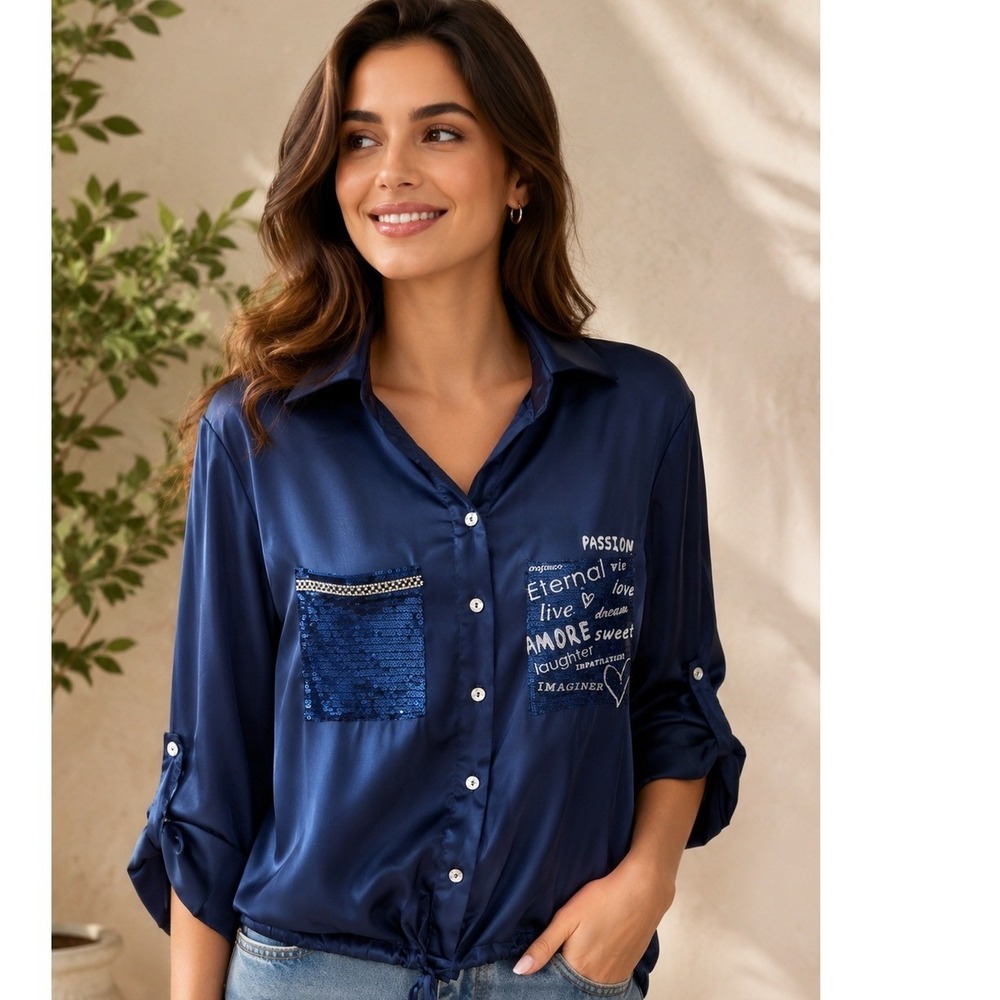 Frank Lyman Navy Satin Graphic Sequin Blouse Roll Tab Sleeve 223409U S/M